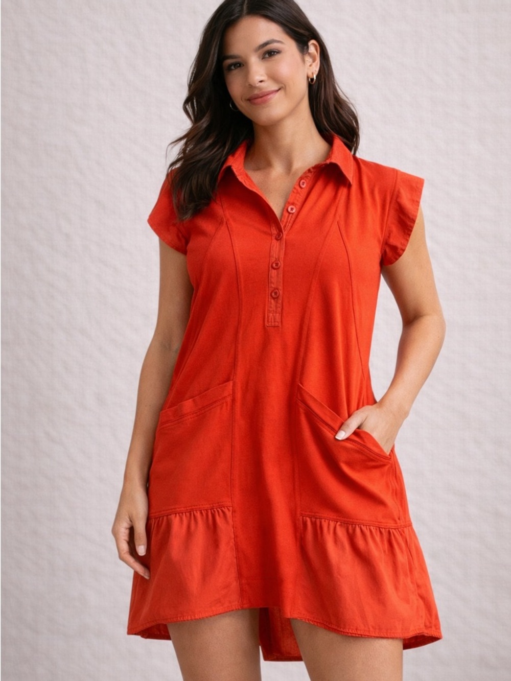Casual Button-Front Orange Scoop Hem Dress